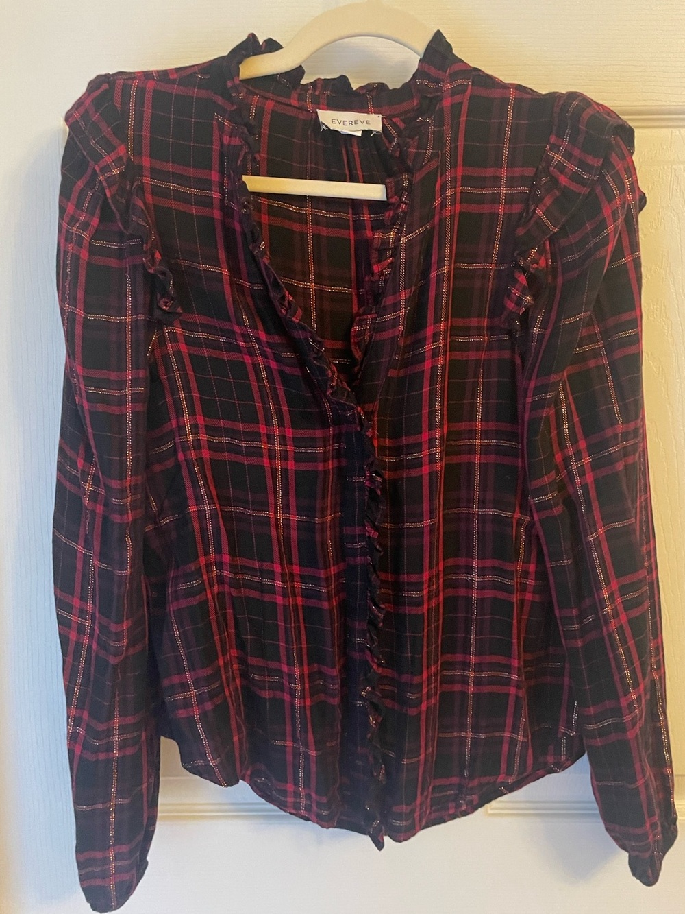 Evereve Black and Pink Plaid Ruffle-Trim Button Down Shirt